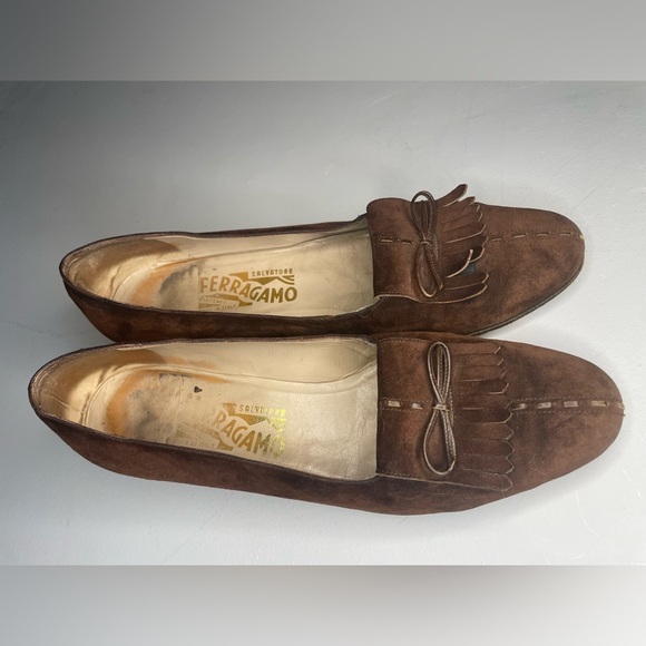Salvatore Ferragamo Vintage Brown Suede Women’s Loafer Heel Fringe Bow Size 9 - Picture 13 of 16